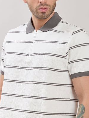 Rusel - Grey Striped Half Zip Regular Polo T-Shirt - Espanshe