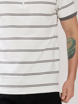 Rusel - Grey Striped Half Zip Regular Polo T-Shirt - Espanshe