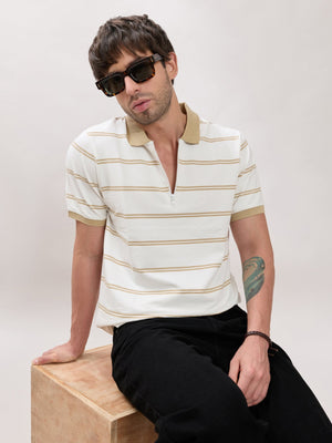 Rusel - Camel Striped Half Zip Regular Polo T-Shirt - Espanshe