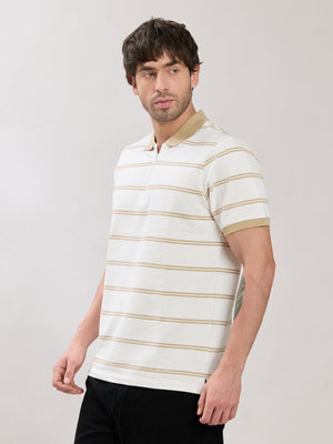 Rusel - Camel Striped Half Zip Regular Polo T-Shirt - Espanshe