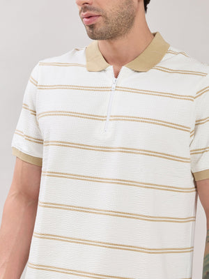 Rusel - Camel Striped Half Zip Regular Polo T-Shirt - Espanshe