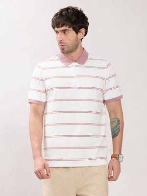 Rusel - Pink Striped Half Zip Regular Polo T-Shirt - Espanshe