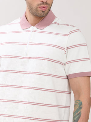 Rusel - Pink Striped Half Zip Regular Polo T-Shirt - Espanshe