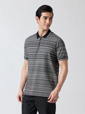 Rusel - Black Striped Half Zip Regular Polo T-Shirt - Espanshe