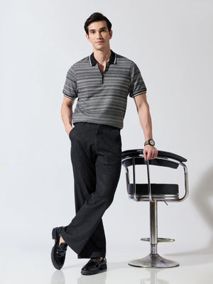 Rusel - Black Striped Half Zip Regular Polo T-Shirt - Espanshe
