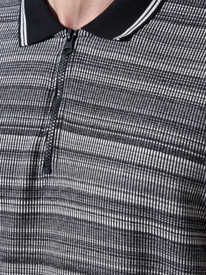 Rusel - Black Striped Half Zip Regular Polo T-Shirt - Espanshe