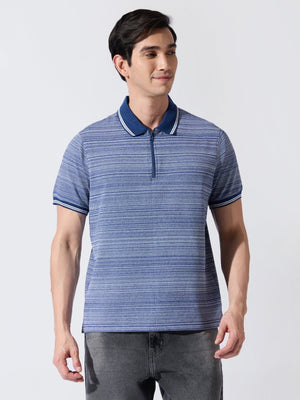 Rusel - Blue Striped Half Zip Regular Polo T-Shirt - Espanshe