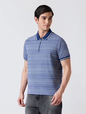 Rusel - Blue Striped Half Zip Regular Polo T-Shirt - Espanshe