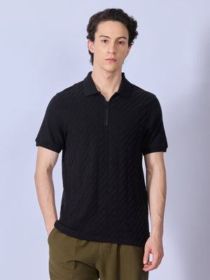 Todo - Jacquard Half-Zip Polo T-Shirt – Black - Espanshe
