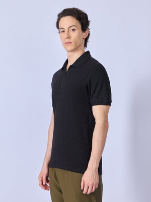 Todo - Jacquard Half-Zip Polo T-Shirt – Black - Espanshe