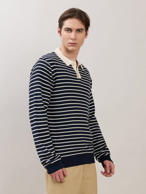Xosio-2 - Regular Striped Knit Polo Sweater - Navy - Espanshe