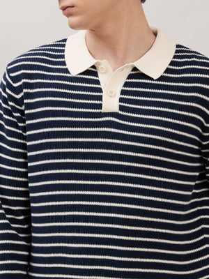 Xosio-2 - Regular Striped Knit Polo Sweater - Navy - Espanshe