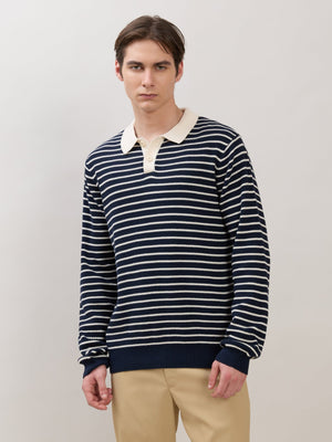 Xosio-2 - Regular Striped Knit Polo Sweater - Navy - Espanshe