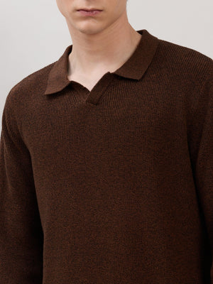 Xosio-1 - Regular Knitted Polo Sweater - Brown Black Grindle - Espanshe