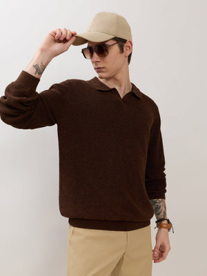Xosio-1 - Regular Knitted Polo Sweater - Brown Black Grindle - Espanshe