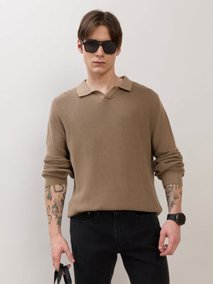 Xosio-1 - Regular Knitted Polo Sweater - Dark Beige - Espanshe