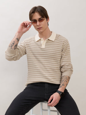 Xosio-2 - Regular Striped Knit Polo Sweater - Beige - Espanshe
