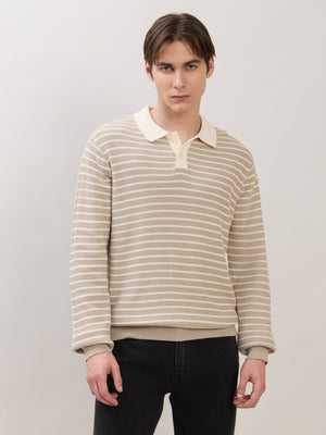 Xosio-2 - Regular Striped Knit Polo Sweater - Beige - Espanshe