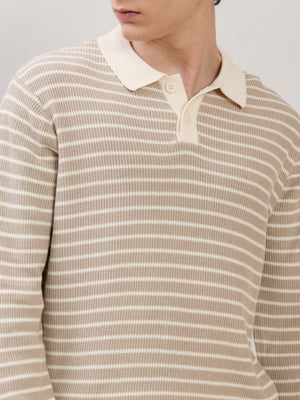 Xosio-2 - Regular Striped Knit Polo Sweater - Beige - Espanshe