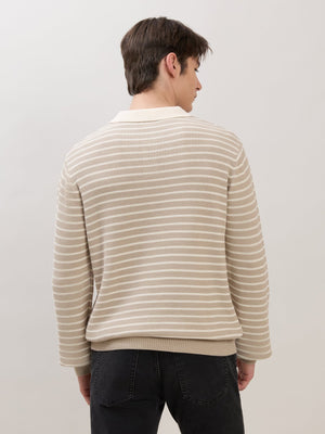 Xosio-2 - Regular Striped Knit Polo Sweater - Beige - Espanshe