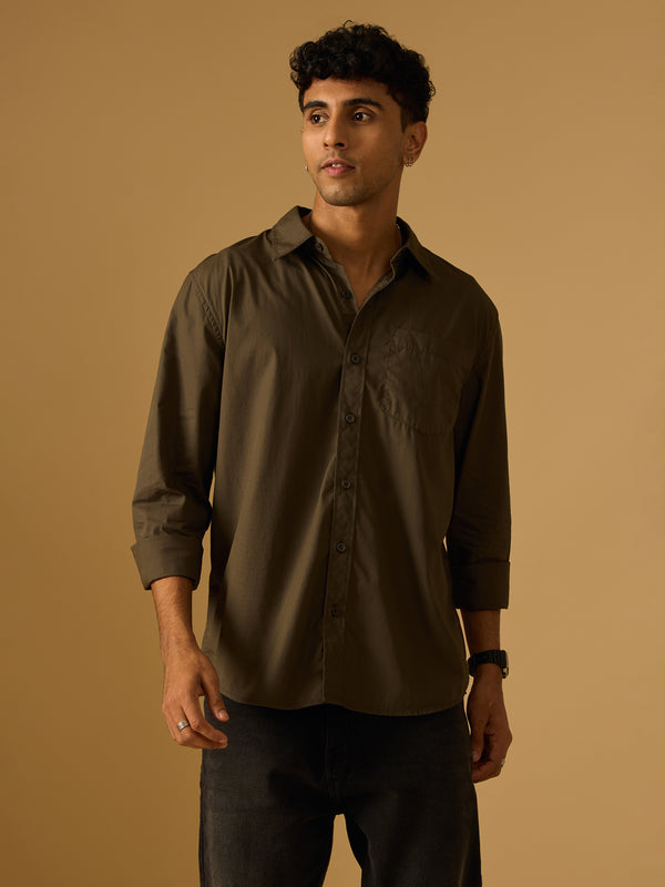 Eluded - Regular Fit Full Sleeve Poplin Shirt - Army Green