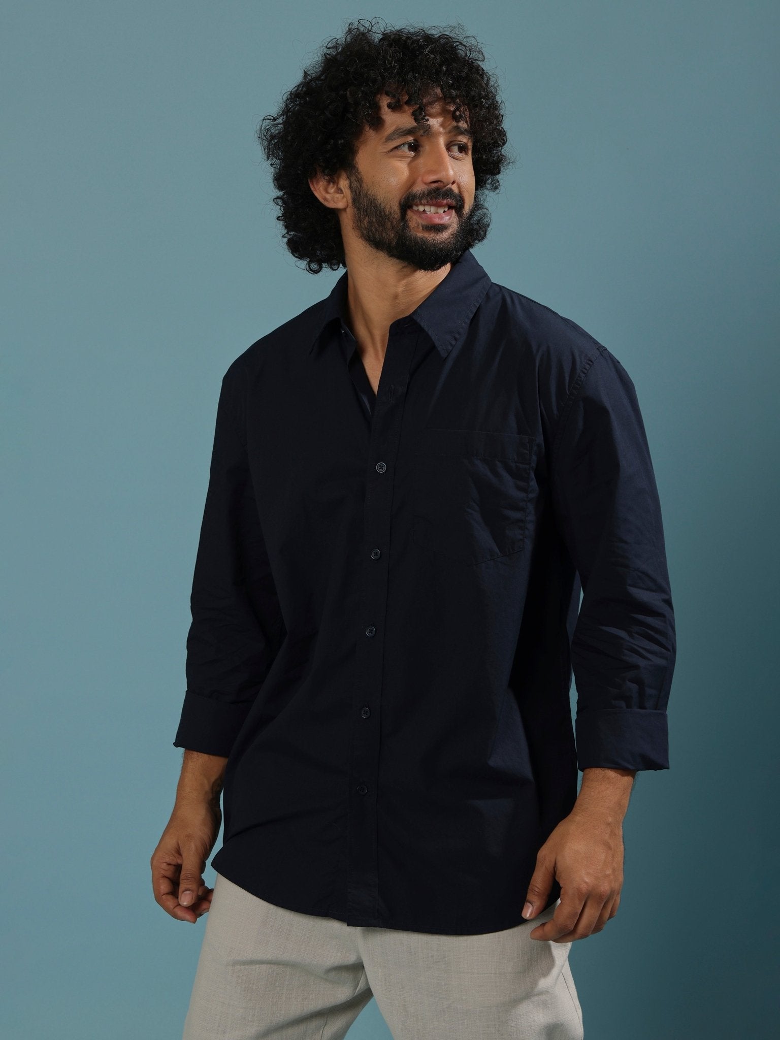 Eluded - Regular Fit Full Sleeve Poplin Shirt - Navy Blue - Espanshe