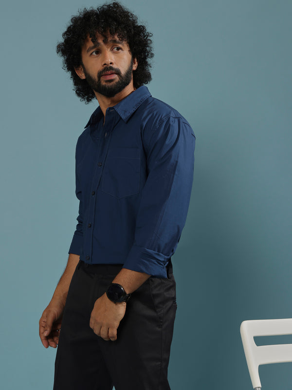 Eluded - Regular Fit Full Sleeve Poplin Shirt - Dark Blue