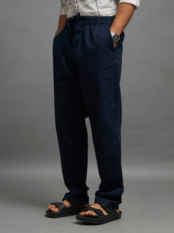 Gwynetha - Loose Fit Linen Joggers - Navy Blue