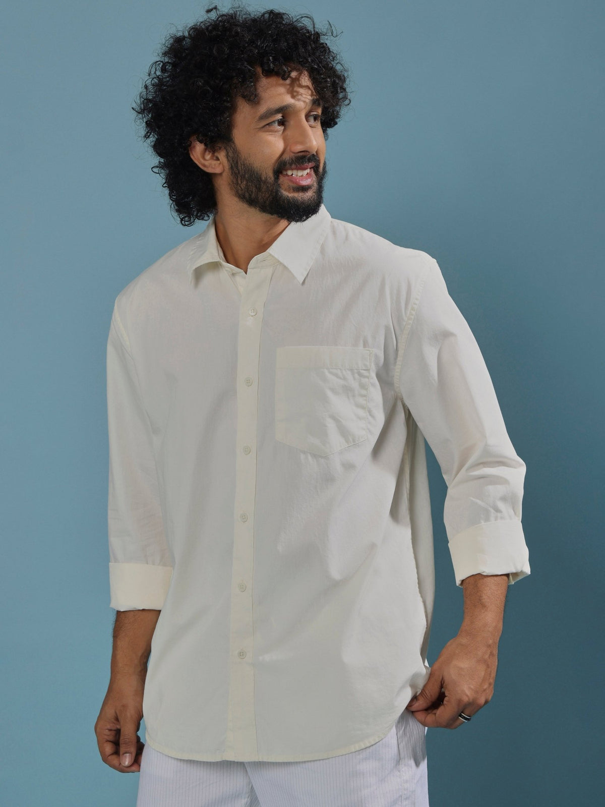 Eluded - Regular Fit Full Sleeve Poplin Shirt - Off White - Espanshe