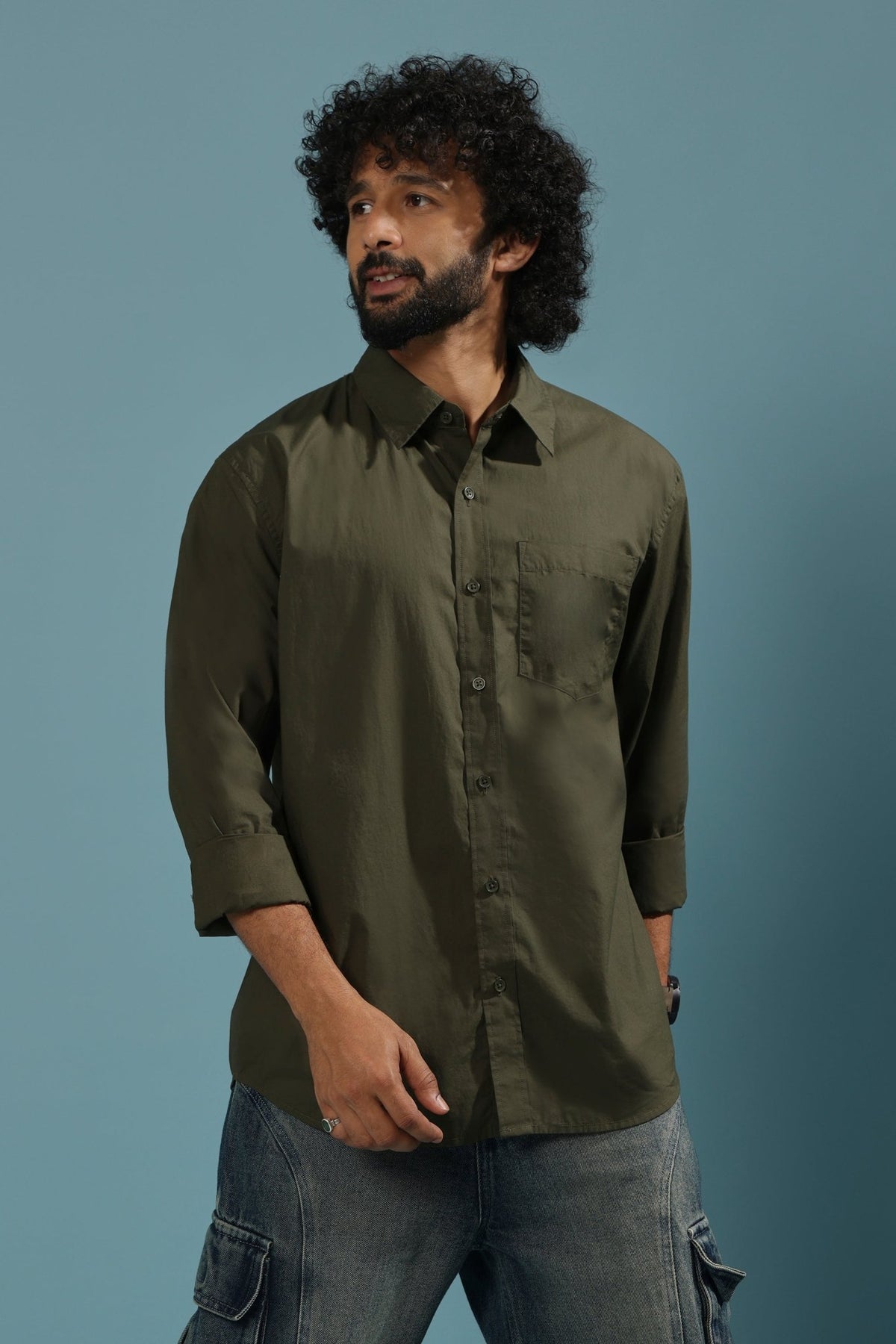 Eluded - Regular Fit Full Sleeve Poplin Shirt - Dark Green - Espanshe