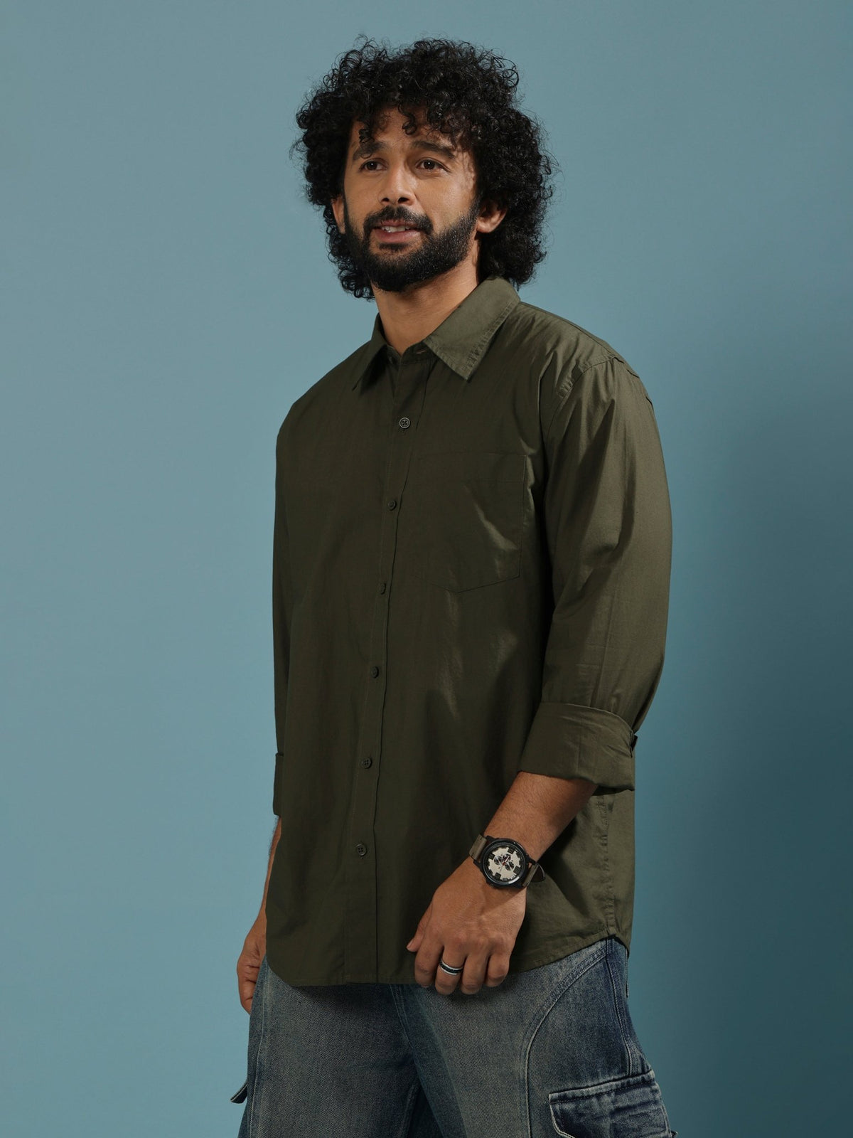 Eluded - Regular Fit Full Sleeve Poplin Shirt - Dark Green - Espanshe