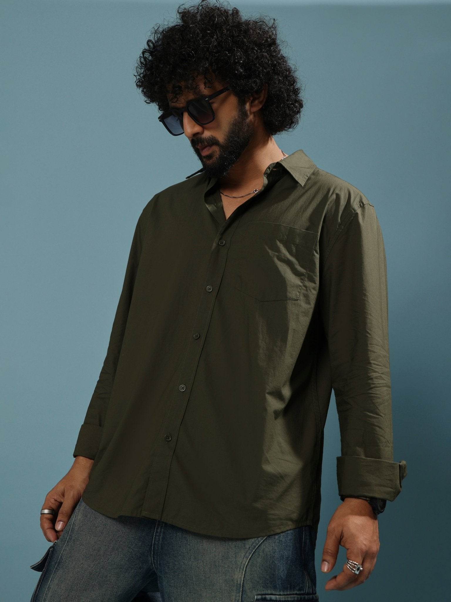 Eluded - Regular Fit Full Sleeve Poplin Shirt - Dark Green - Espanshe