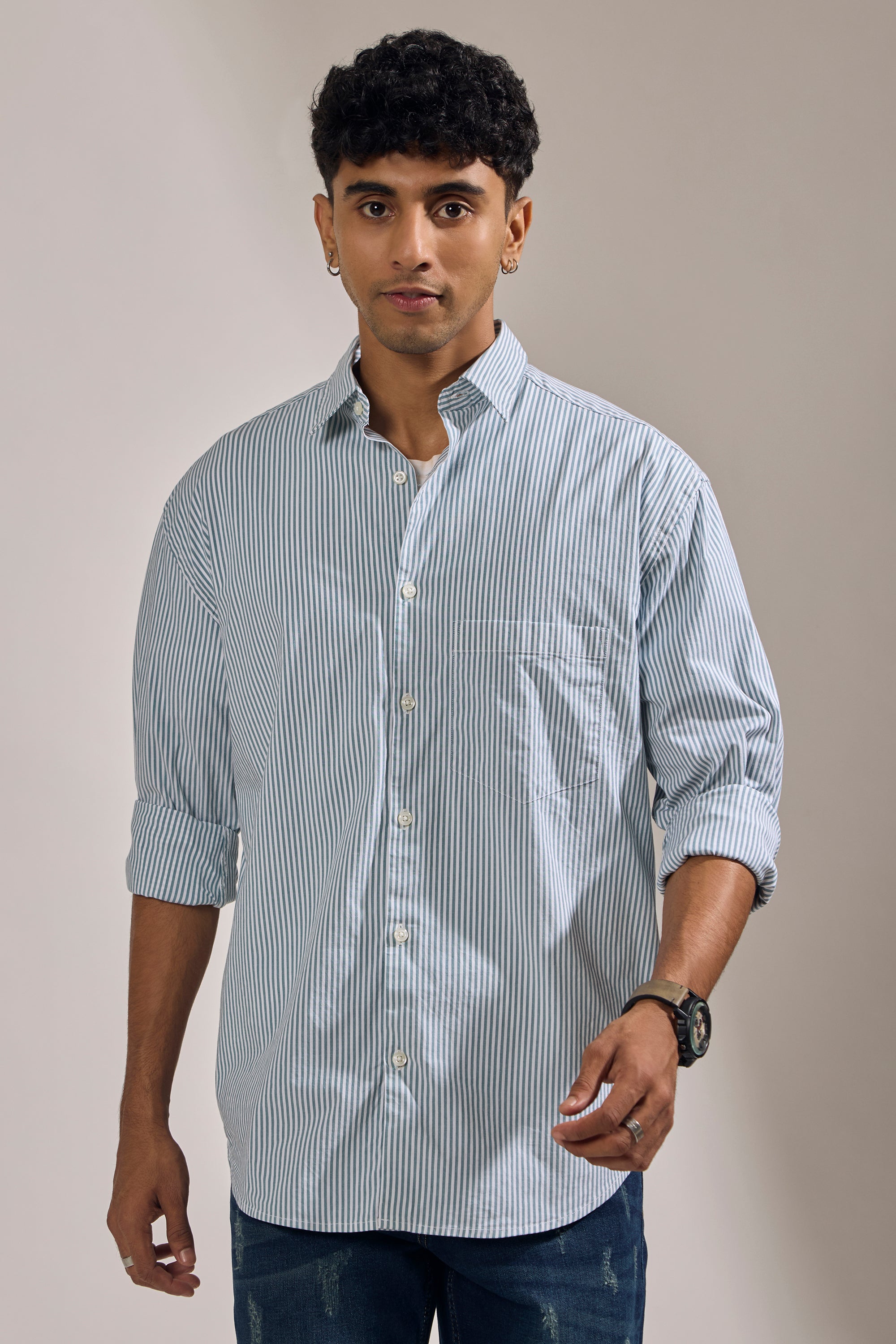 men's oversized cement green  stripped shirt with full sleeve and chest pocket made from 100% cotton.
pure cotton shirts for men
oversized shirts for men