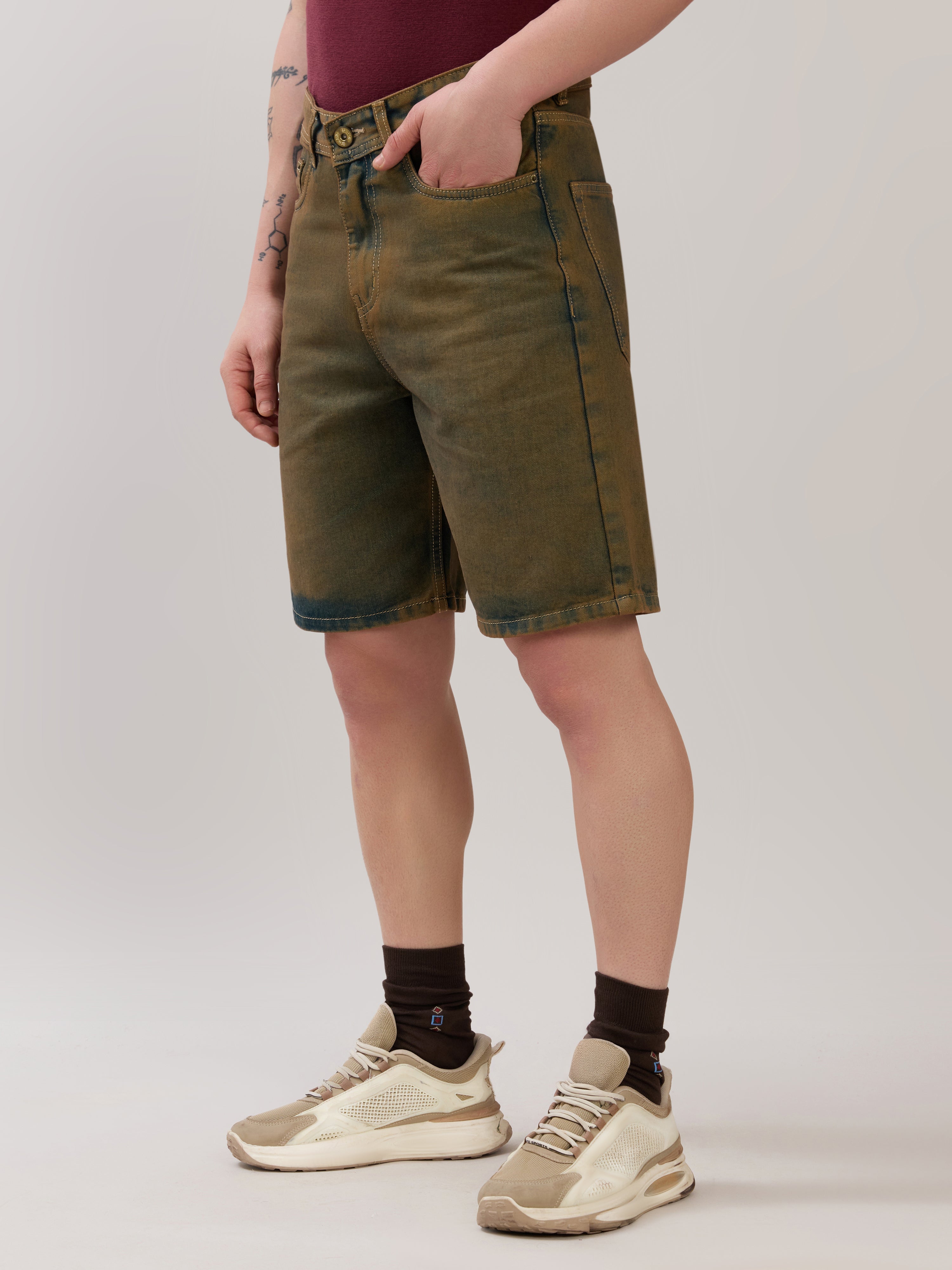 Wax - Relaxed Fit  Tint Washed Denim Shorts - Rust