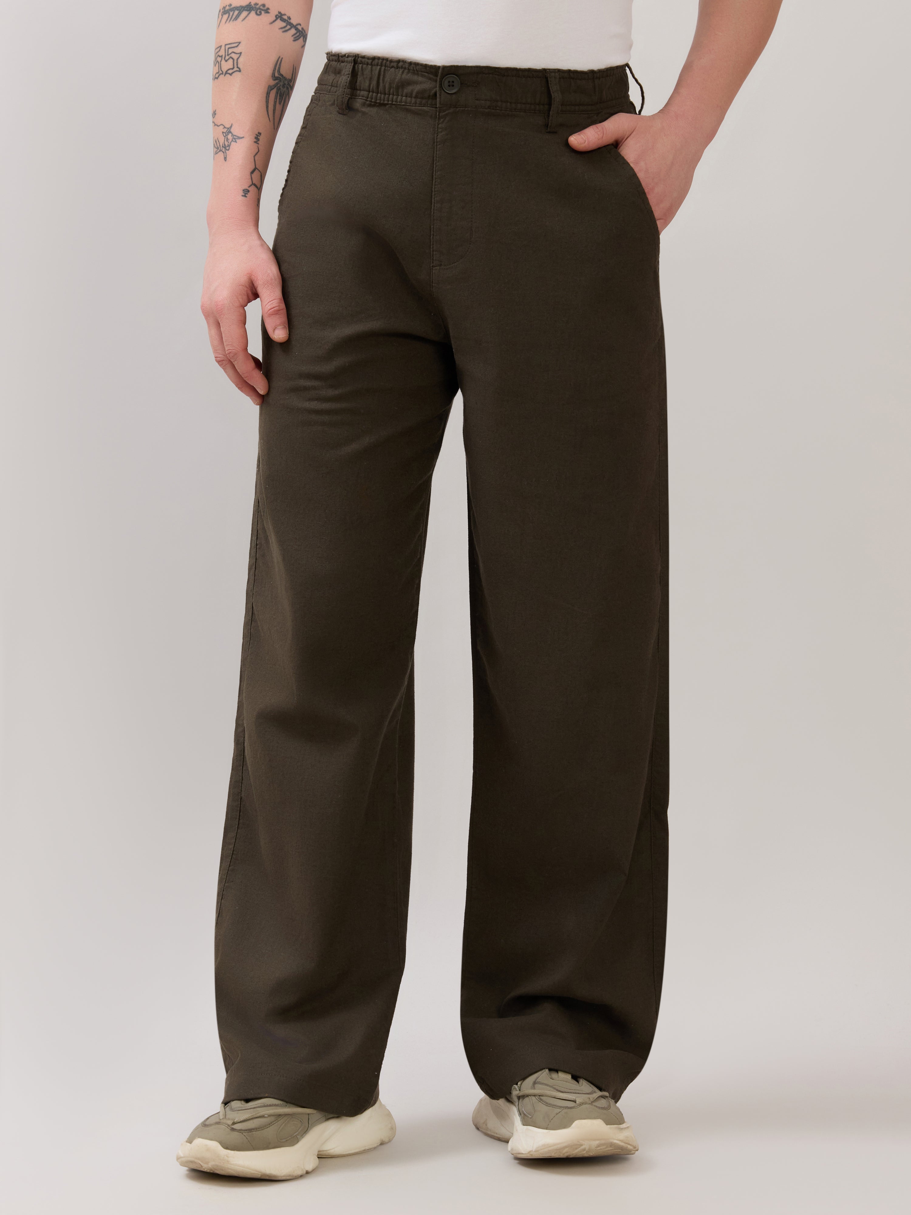 Chic - Loose Fit Linen Pant - Olive Knight