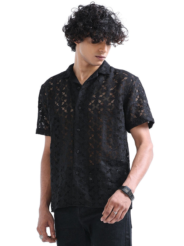 Men's Shark Black Cuban Collar Crochet shirt