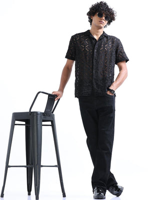 Men's Shark Black Cuban Collar Crochet shirt - Espanshe