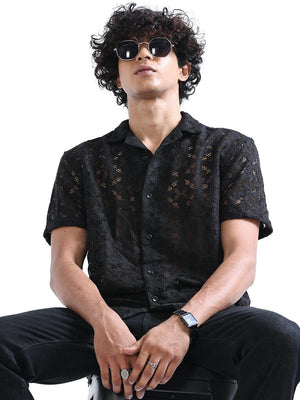 Men's Shark Black Cuban Collar Crochet shirt - Espanshe
