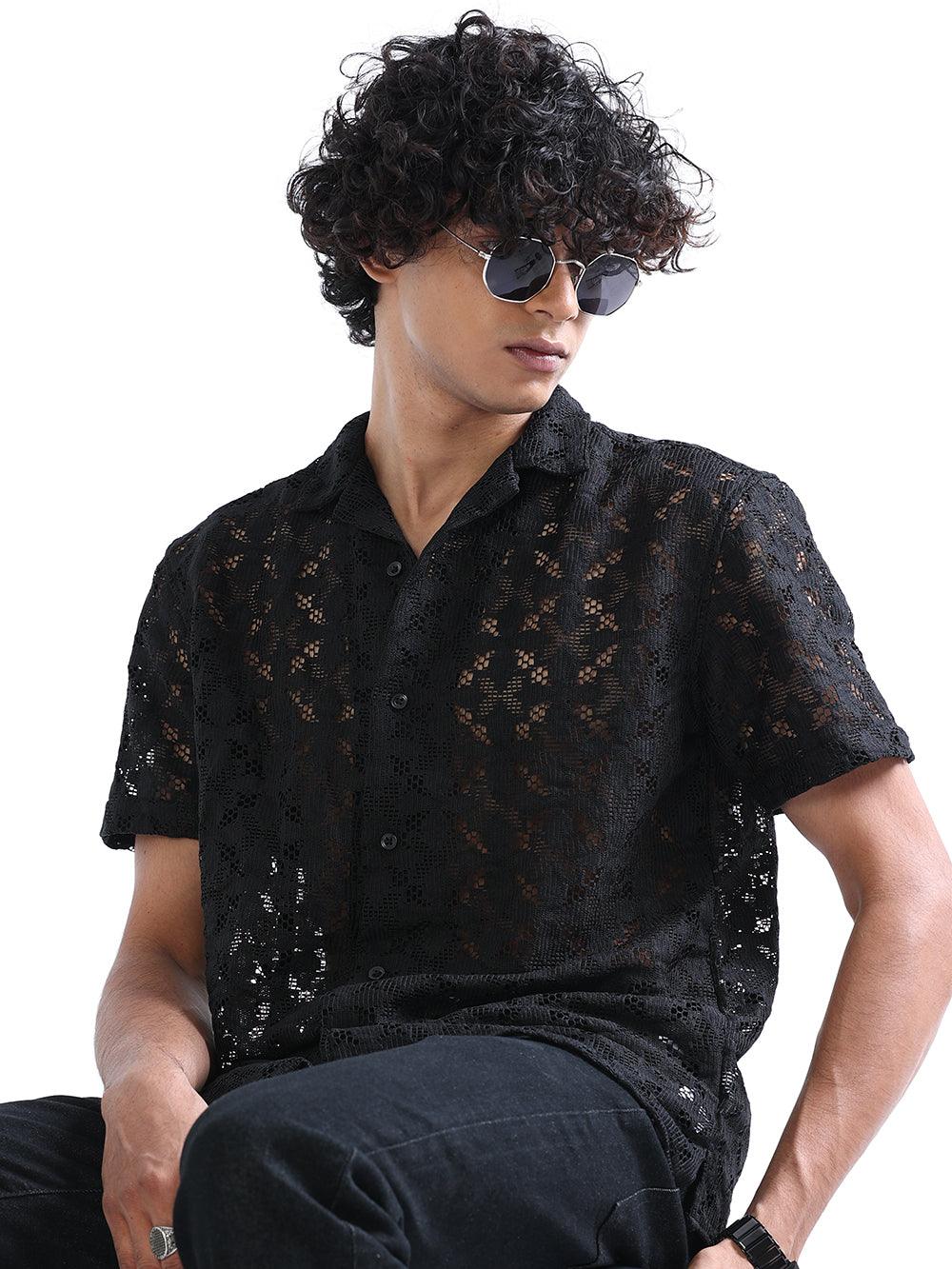 Men's Shark Black Cuban Collar Crochet shirt - Espanshe