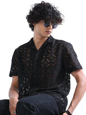 Men's Shark Black Cuban Collar Crochet shirt - Espanshe