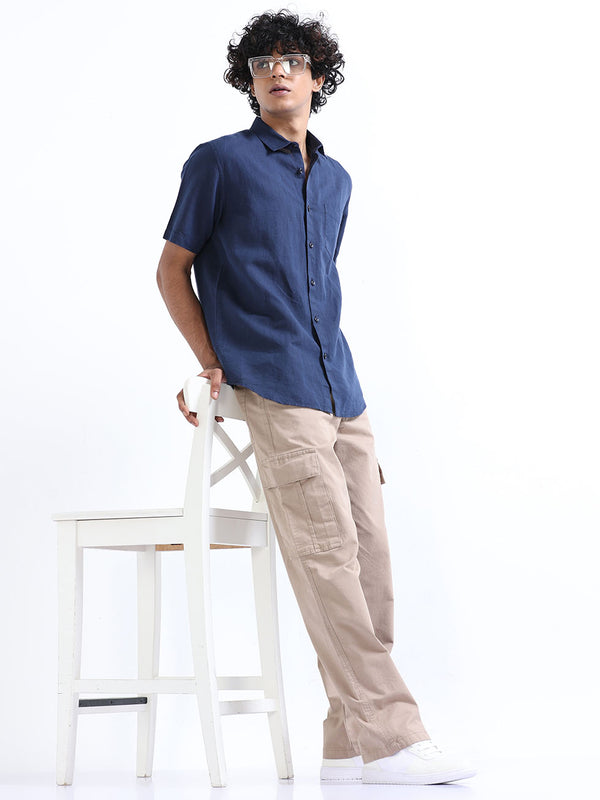 Men's Navy Blue Linen Half Sleeve Shirt