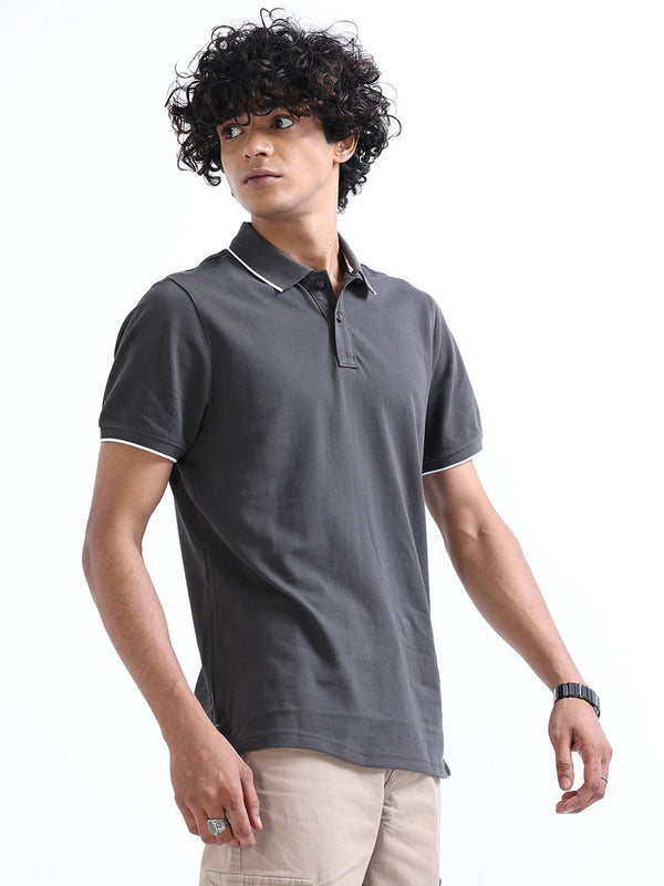 Men's Gray Cotton Polo T-Shirt
