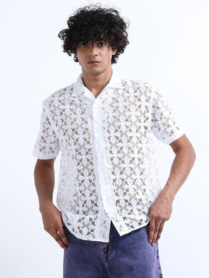 Men's Catskill White Cuban Collar Crochet shirt - Espanshe