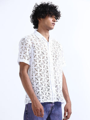 Men's Catskill White Cuban Collar Crochet shirt - Espanshe
