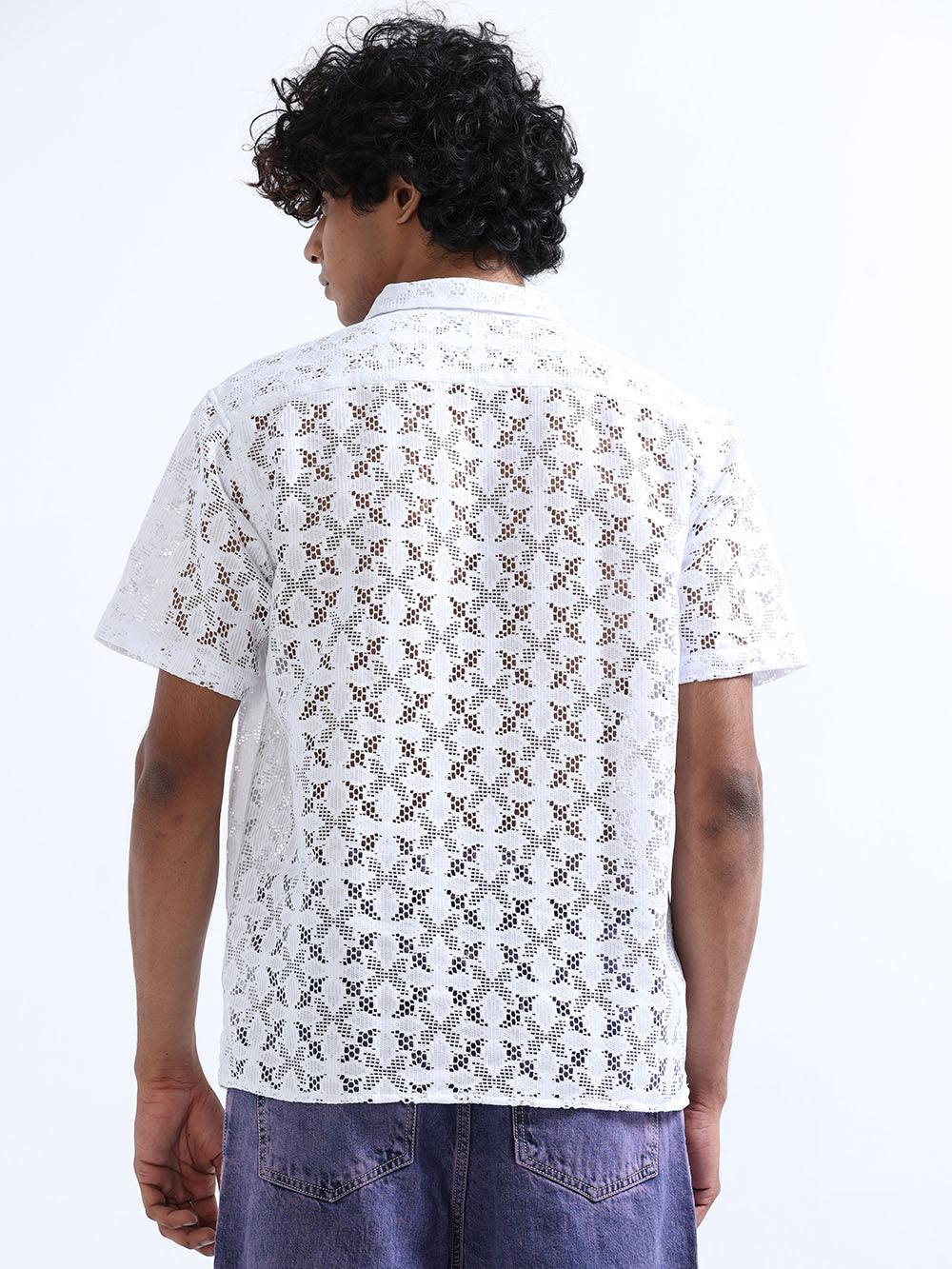 Men's Catskill White Cuban Collar Crochet shirt - Espanshe