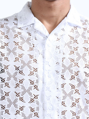 Men's Catskill White Cuban Collar Crochet shirt - Espanshe