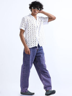 Men's Catskill White Cuban Collar Crochet shirt - Espanshe