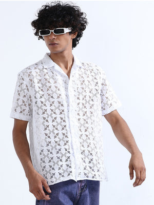 Men's Catskill White Cuban Collar Crochet shirt - Espanshe