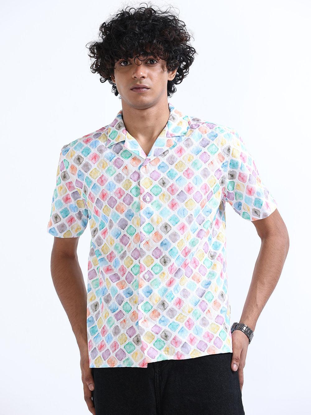 Men's Multicolor Cuban Collar Embroidered shirt - Espanshe