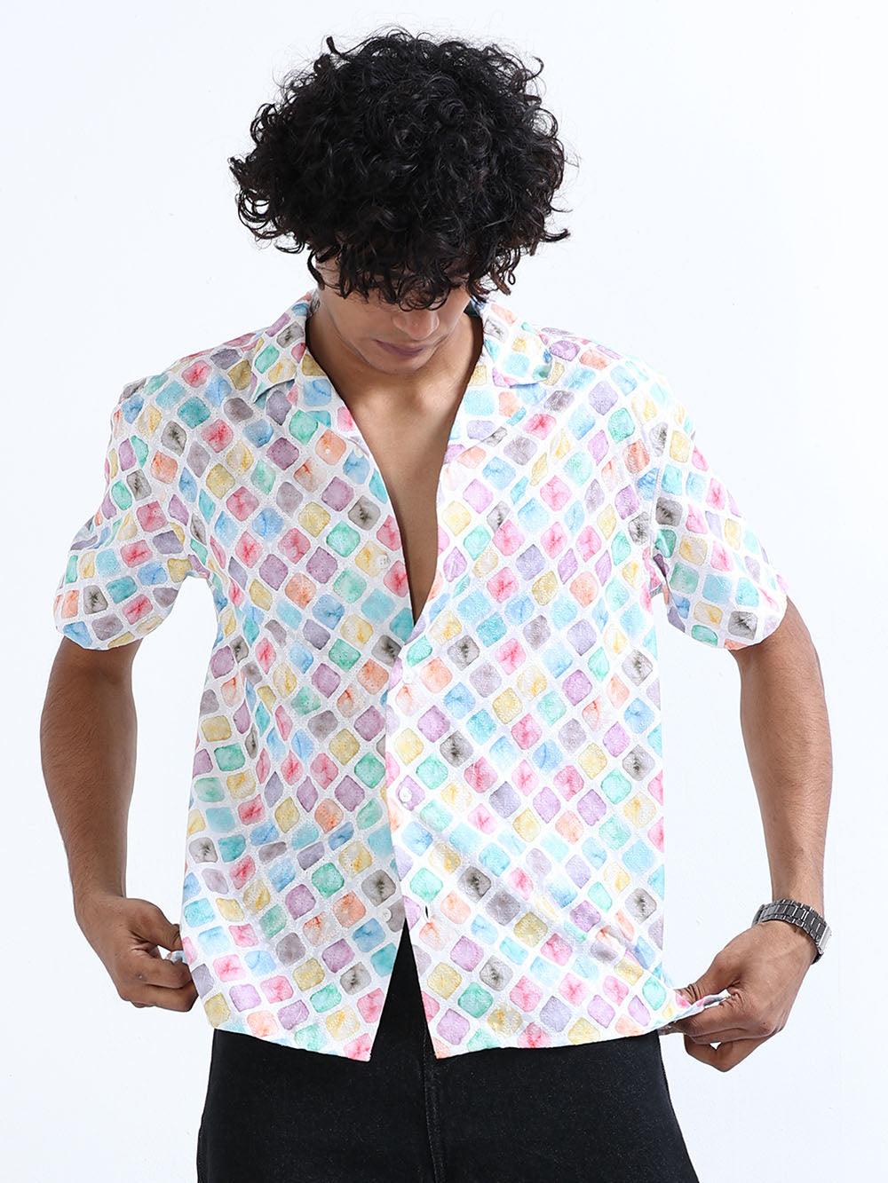 Men's Multicolor Cuban Collar Embroidered shirt - Espanshe